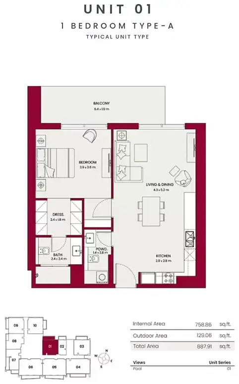 Планировка — 1-спальная, 82 м²