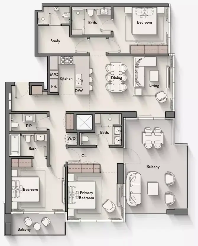 Планировка — 3-спальная, 173 м²