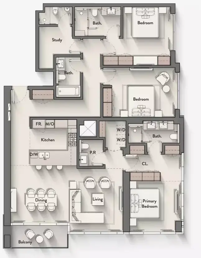 Планировка — 3-спальная, 168 м²