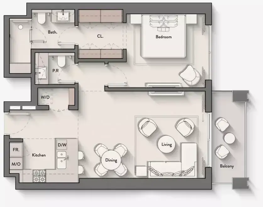 Планировка — 1-спальная, 77 м²