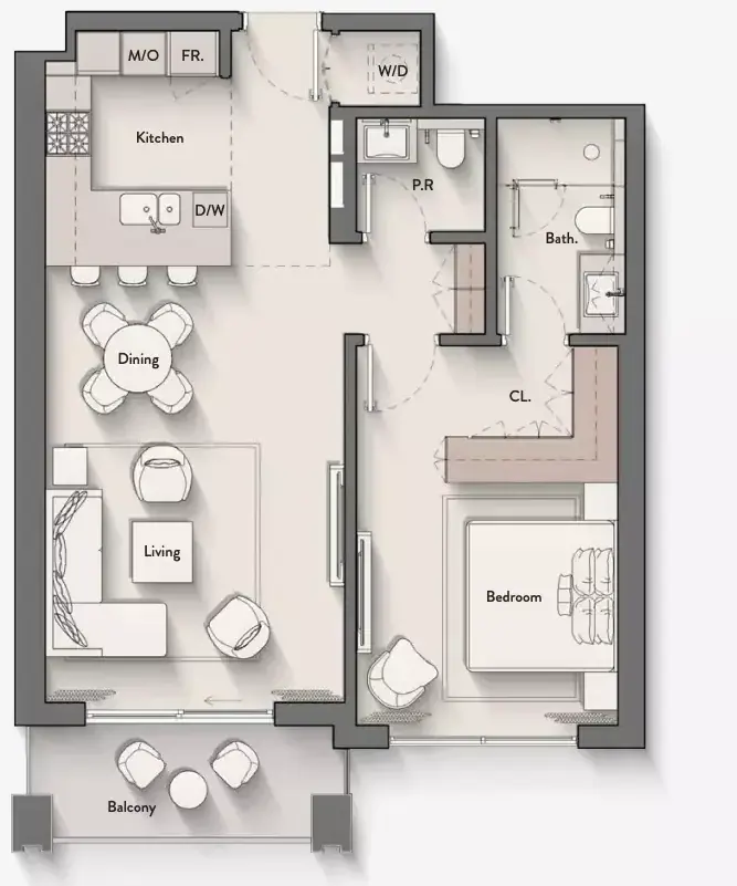 Планировка — 1-спальная, 77 м²