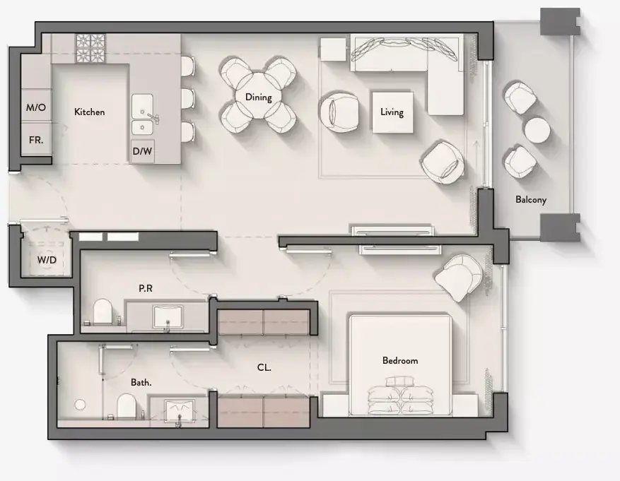 Планировка — 1-спальная, 77 м²