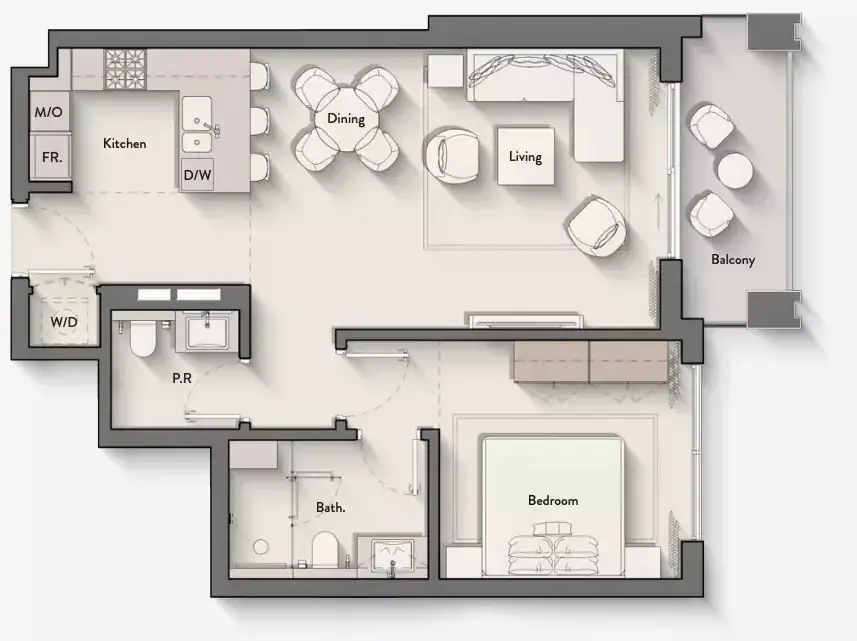 Планировка — 1-спальная, 72 м²