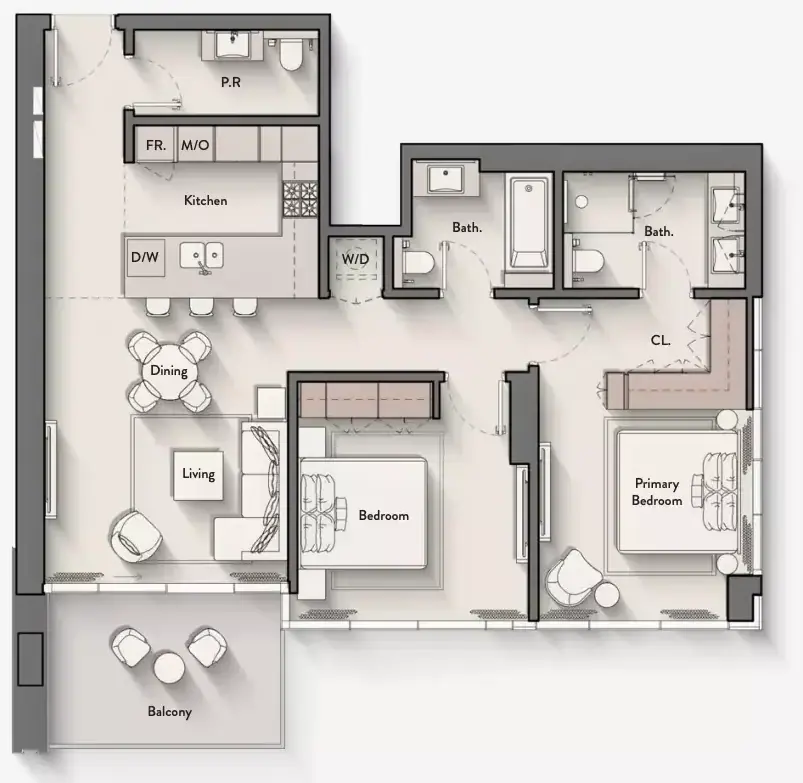 Планировка — 2-спальная, 107 м²