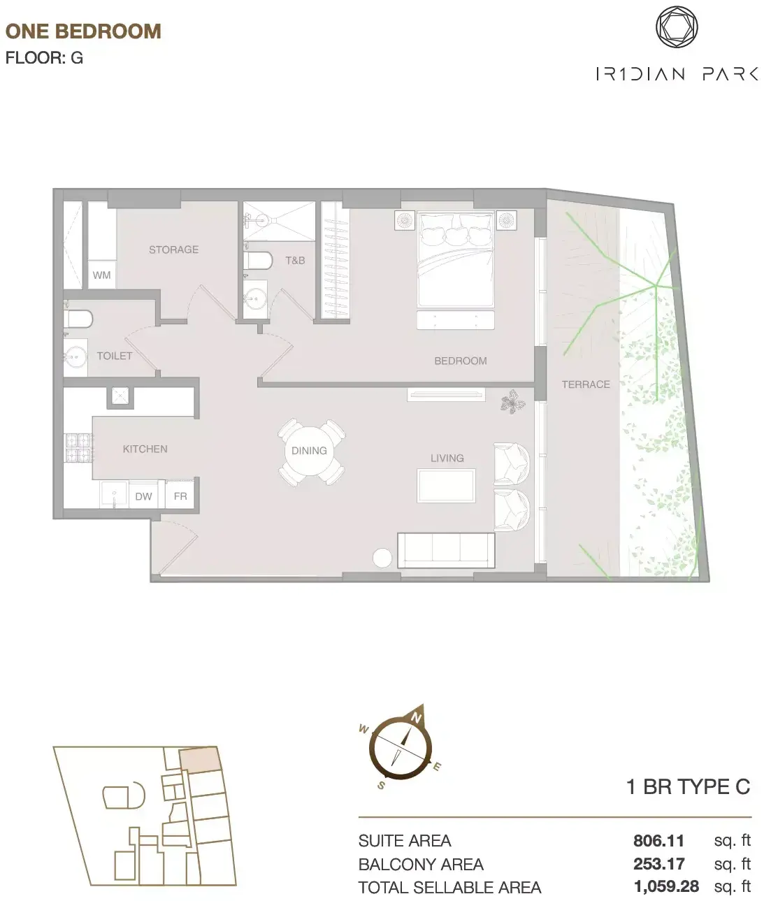 Планировка — 1-спальная, 98 м²