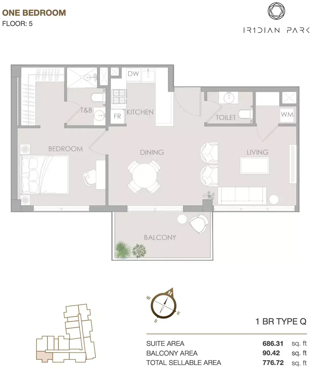 Планировка — 1-спальная, 75 м²