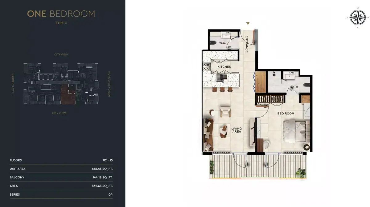 Планировка — 1-спальная, 77 м²