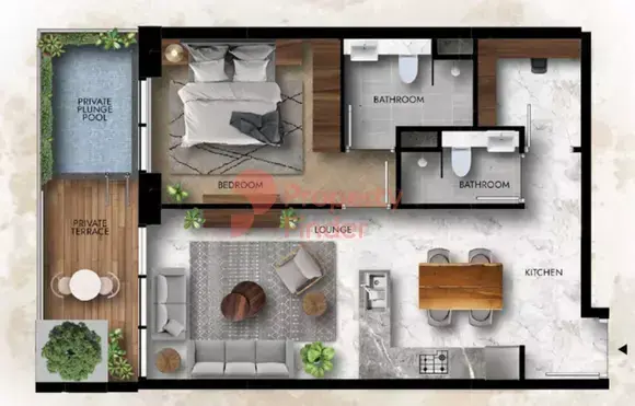 Планировка — 1-спальная, 76 м²