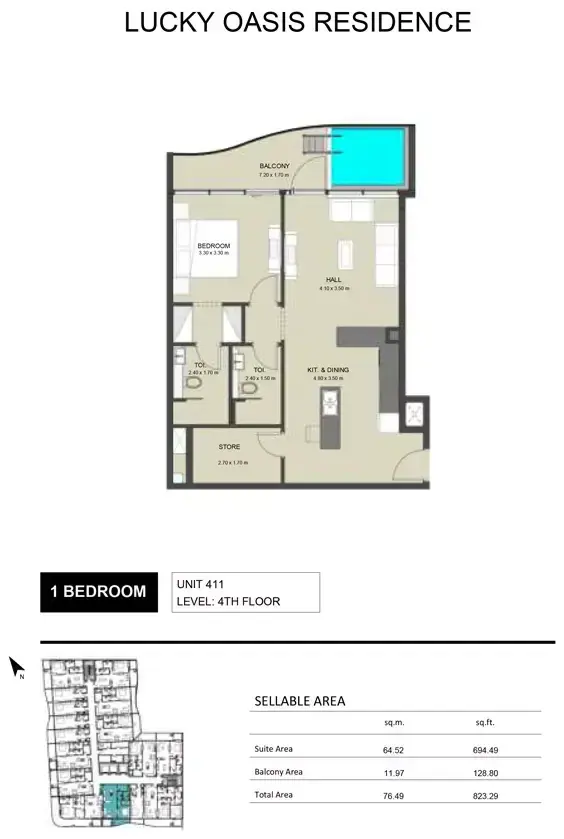 Планировка — 1-спальная, 76 м²