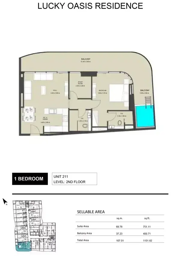 Планировка — 1-спальная, 107 м²