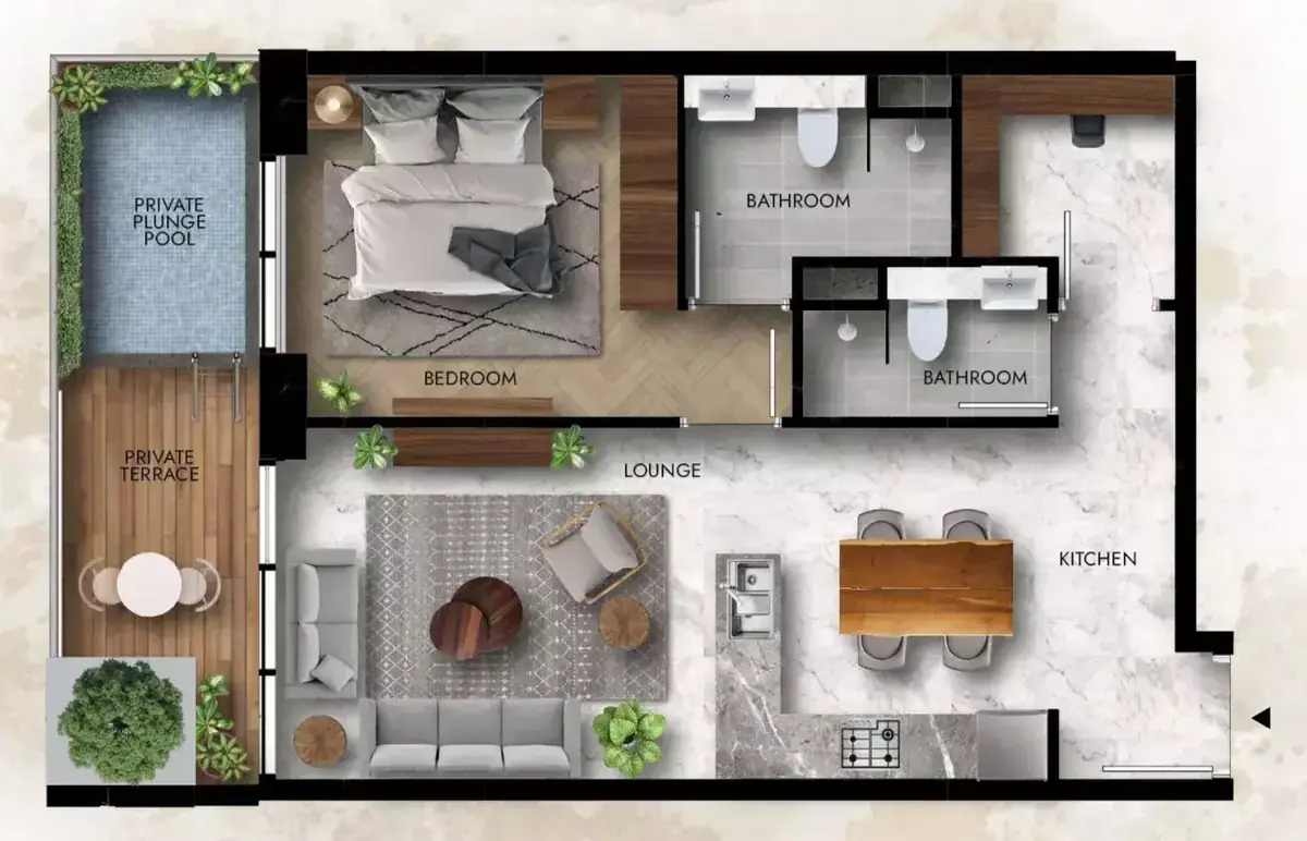 Планировка — 1-спальная, 77 м²