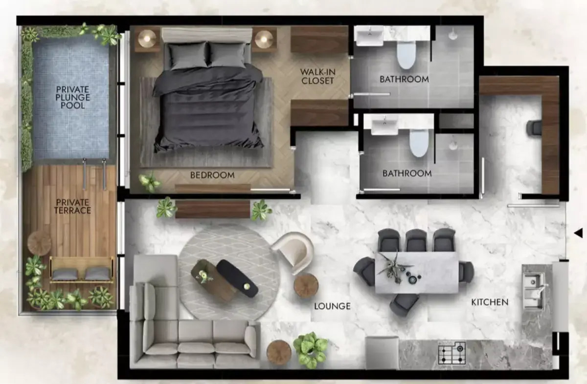 Планировка — 1-спальная, 74 м²