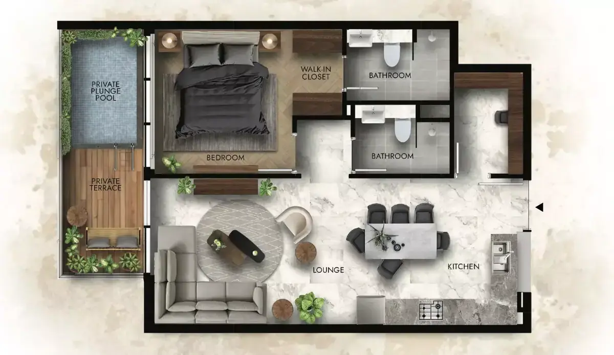 Планировка — 1-спальная, 80 м²