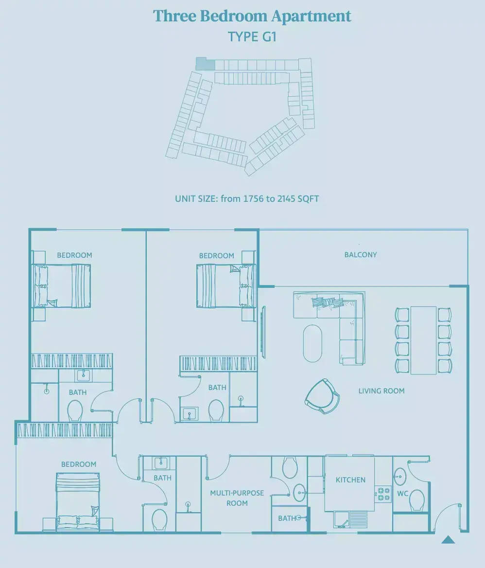 Планировка — 3-спальная, 199 м²