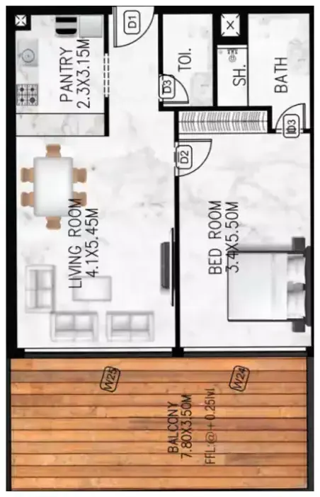 Планировка — 1-спальная, 71 м²