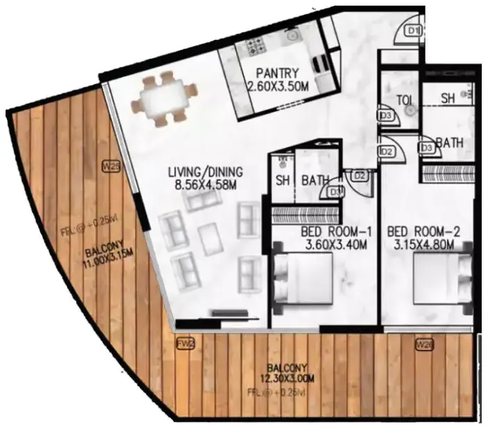 Планировка — 2-спальная, 132 м²