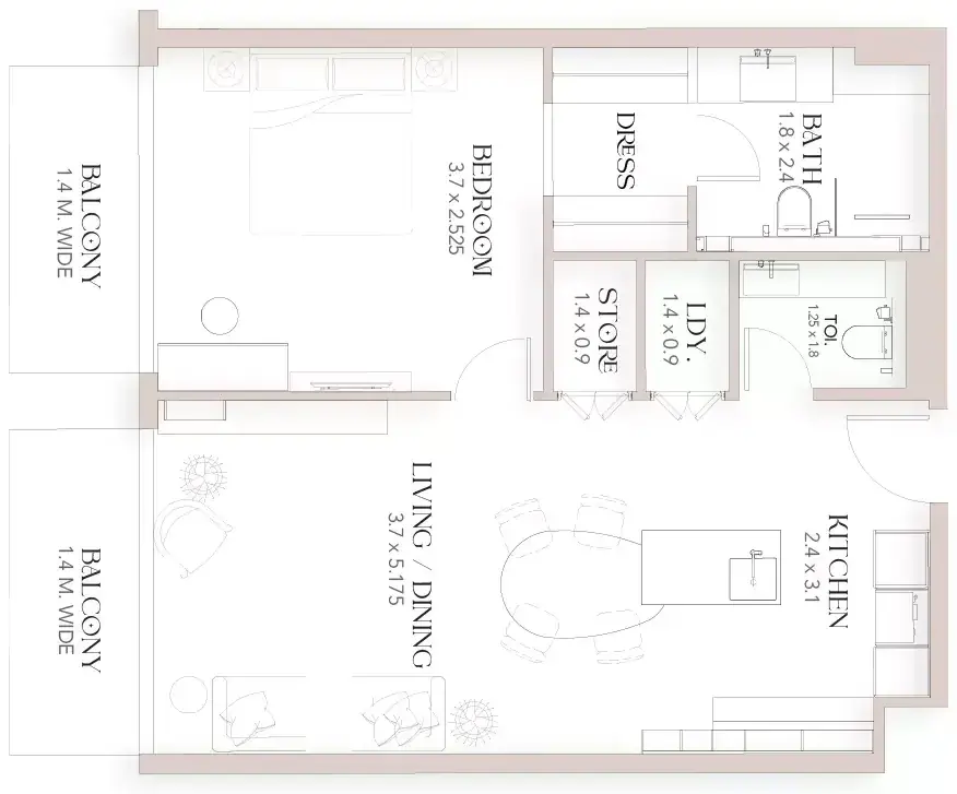 Планировка — 1-спальная, 72 м²