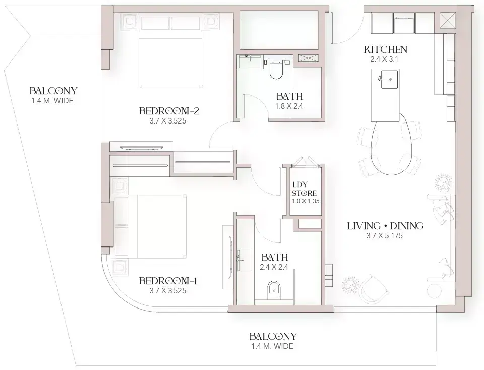 Планировка — 2-спальная, 120 м²