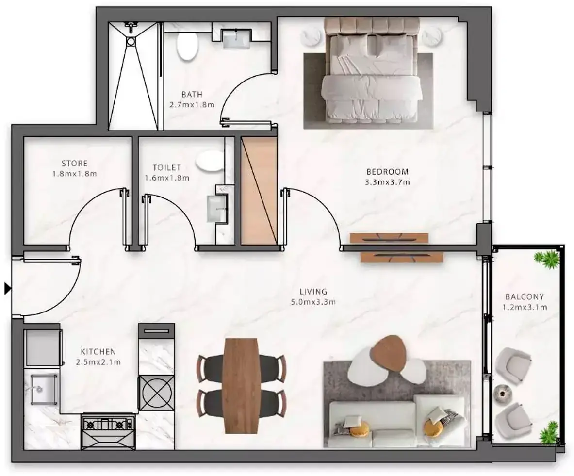 Планировка — 1-спальная, 58 м²