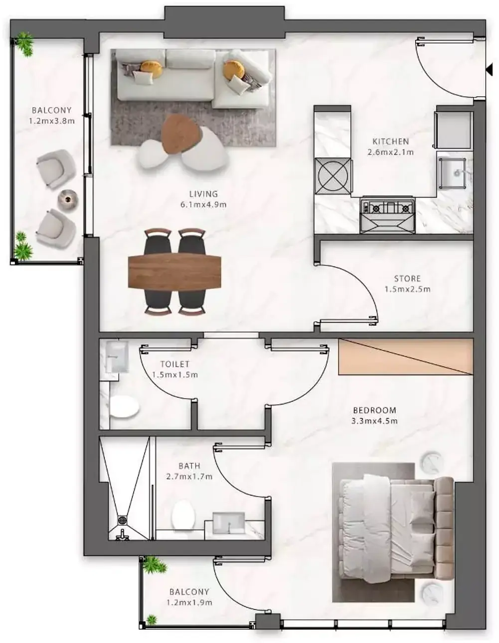 Планировка — 1-спальная, 65 м²