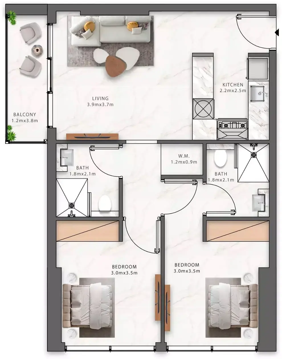 Планировка — 2-спальная, 67 м²