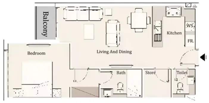 Планировка — 1-спальная, 59 м²