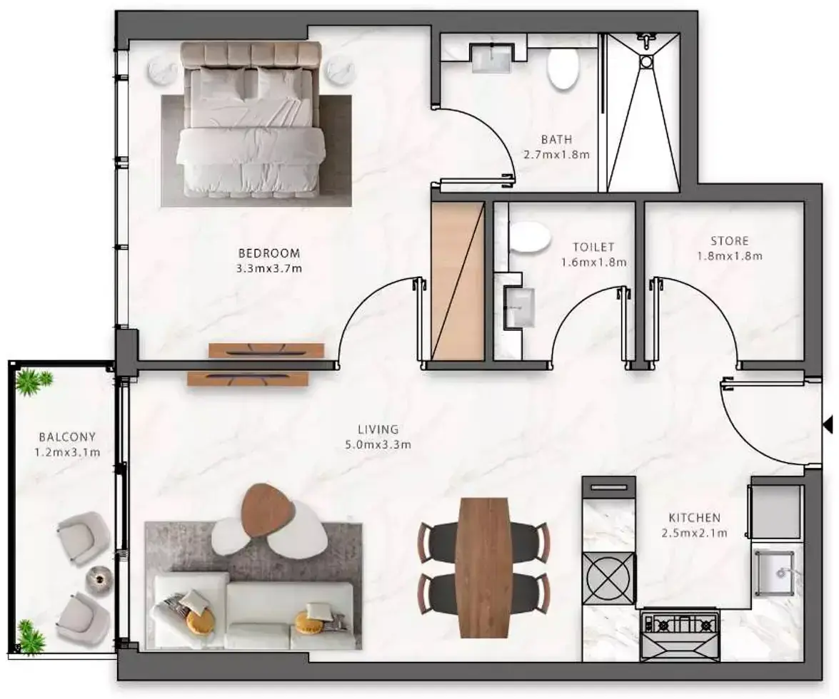 Планировка — 1-спальная, 58 м²