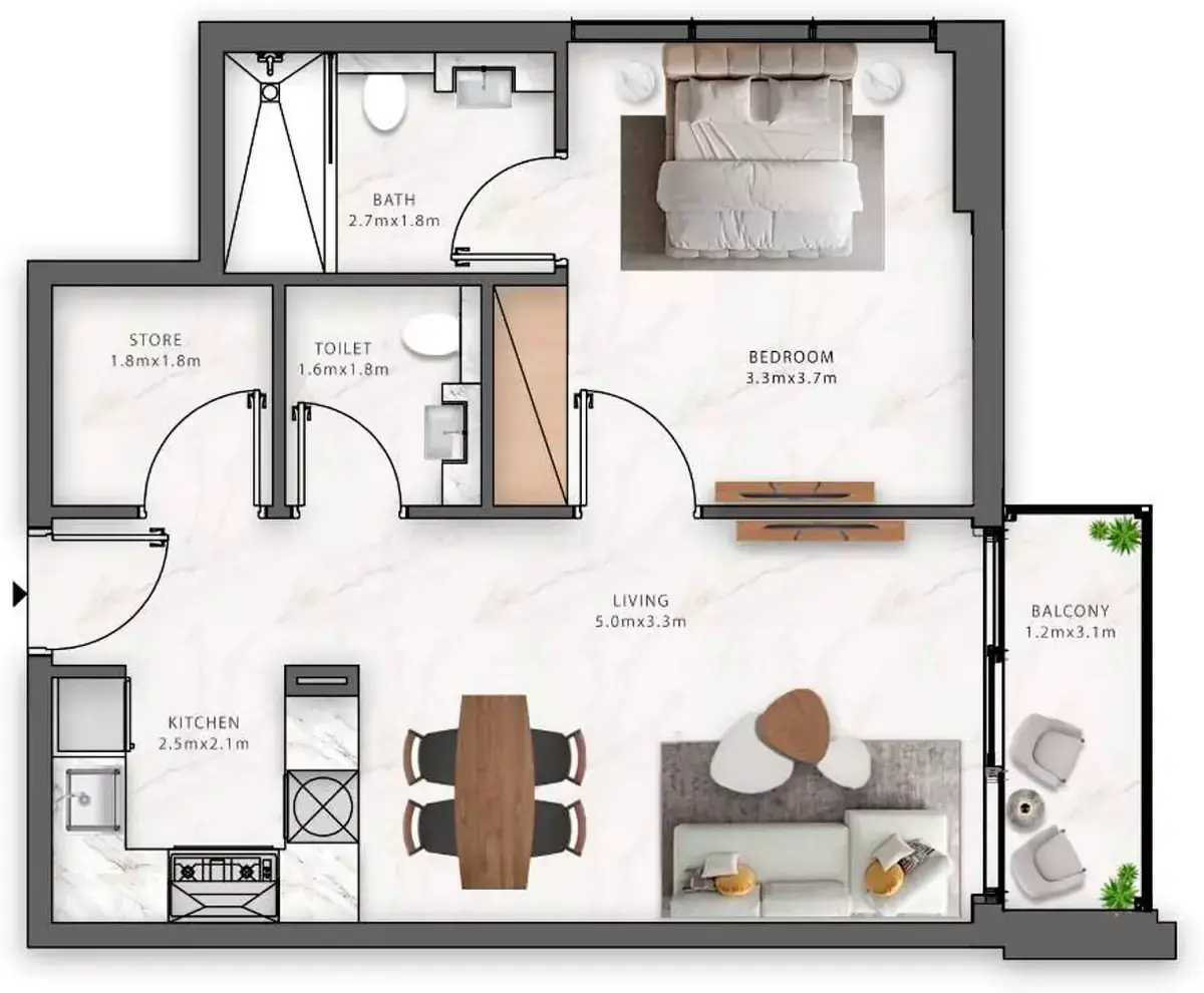 Планировка — 1-спальная, 58 м²