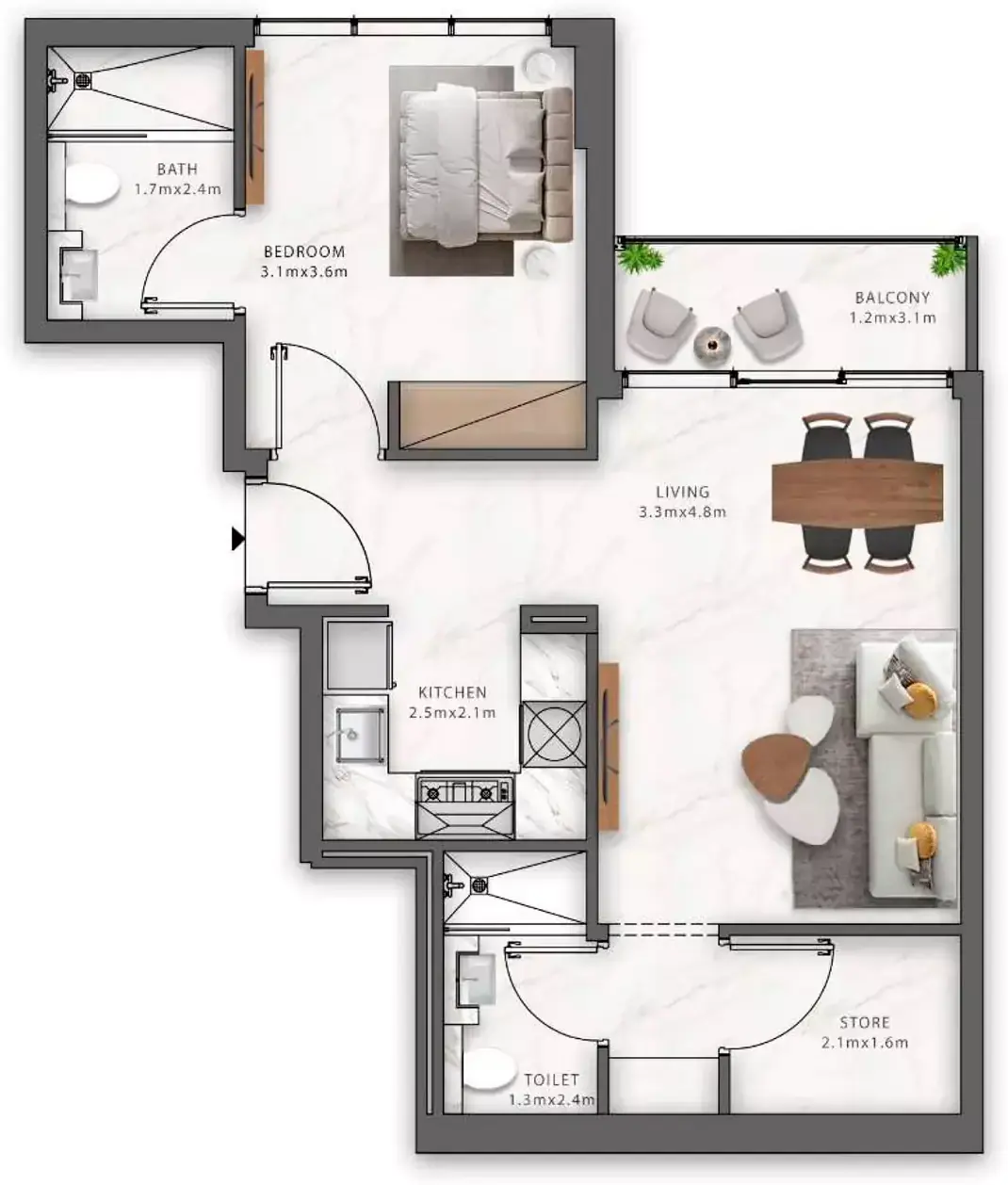 Планировка — 1-спальная, 58 м²