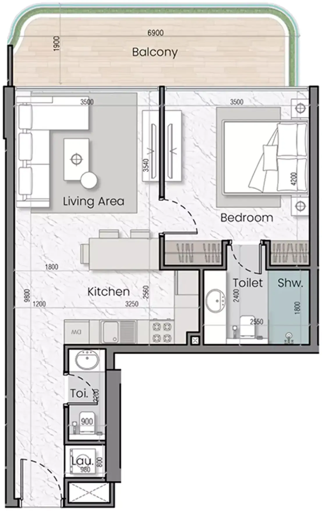 Планировка — 1-спальная, 68 м²