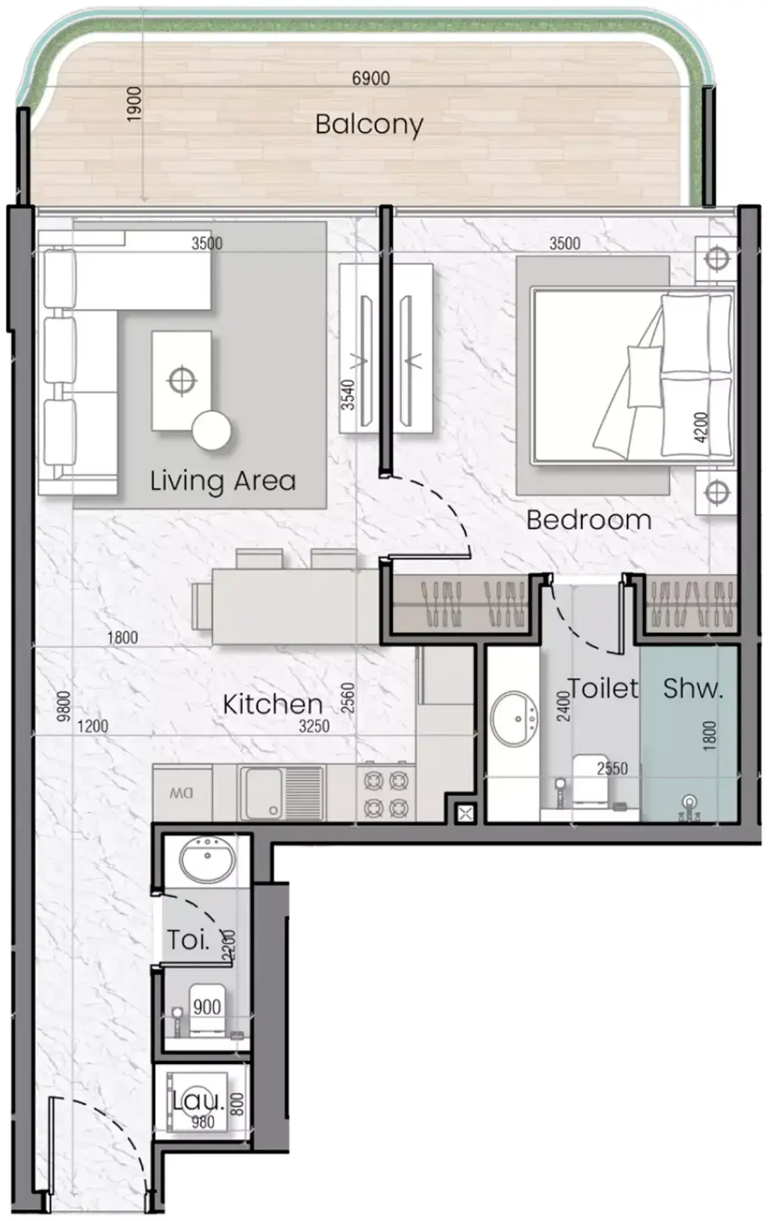 Планировка — 1-спальная, 68 м²