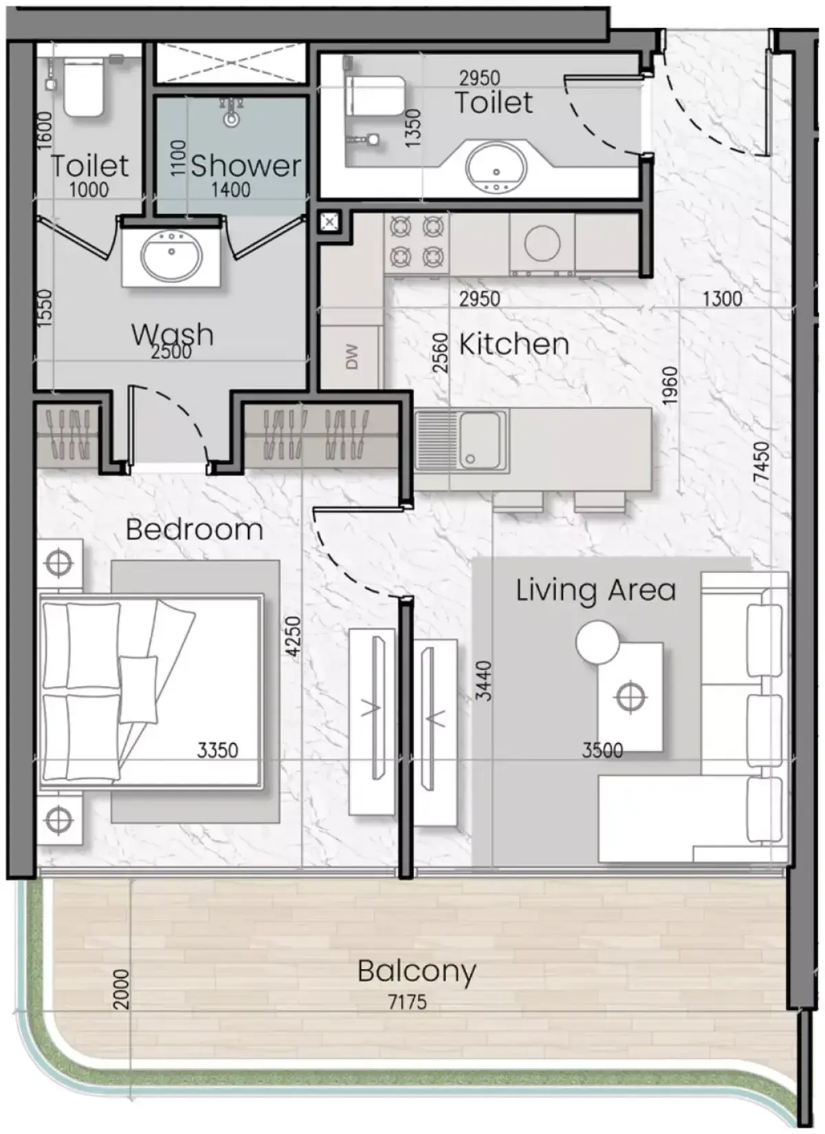 Планировка — 1-спальная, 68 м²