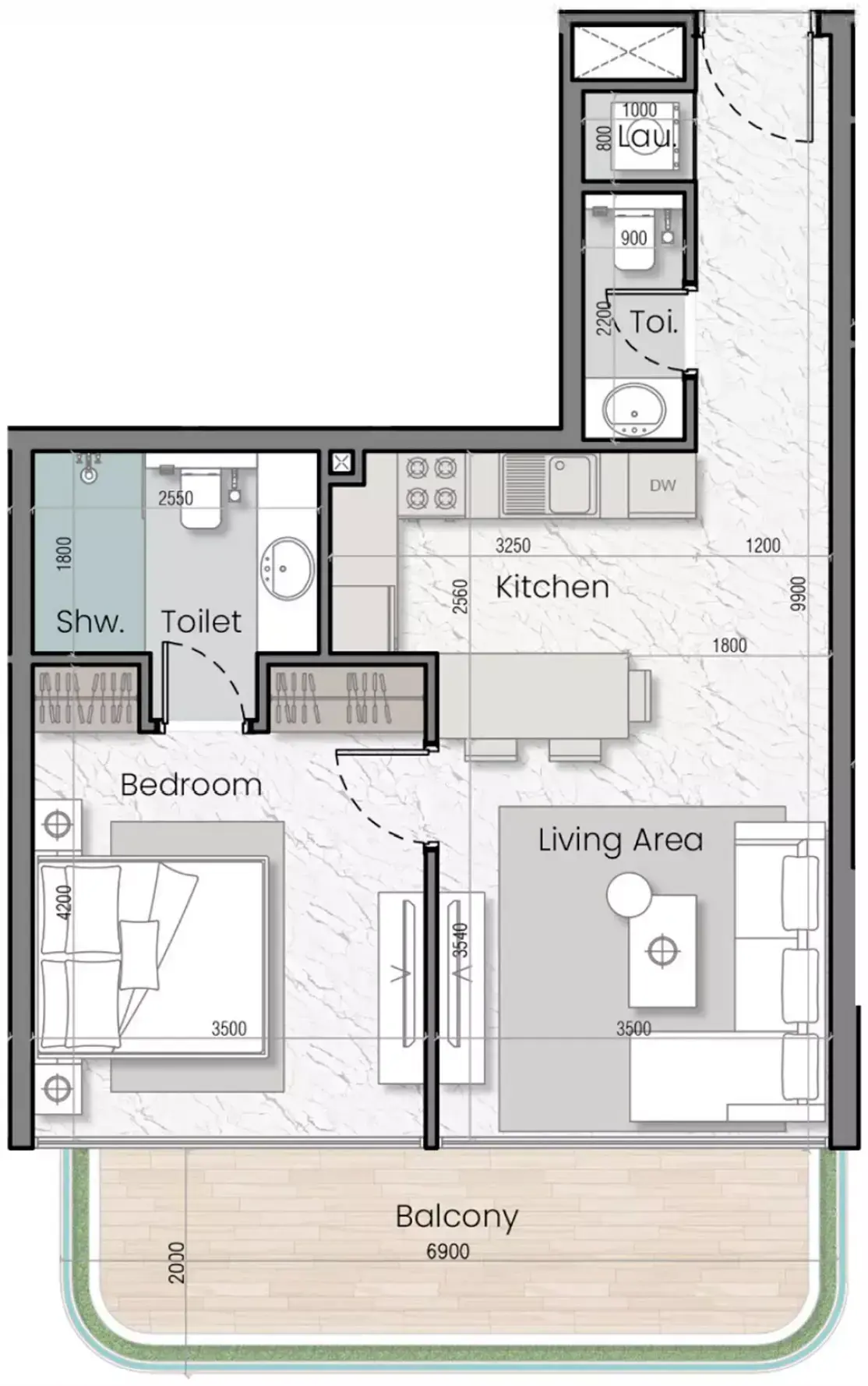 Планировка — 1-спальная, 77 м²