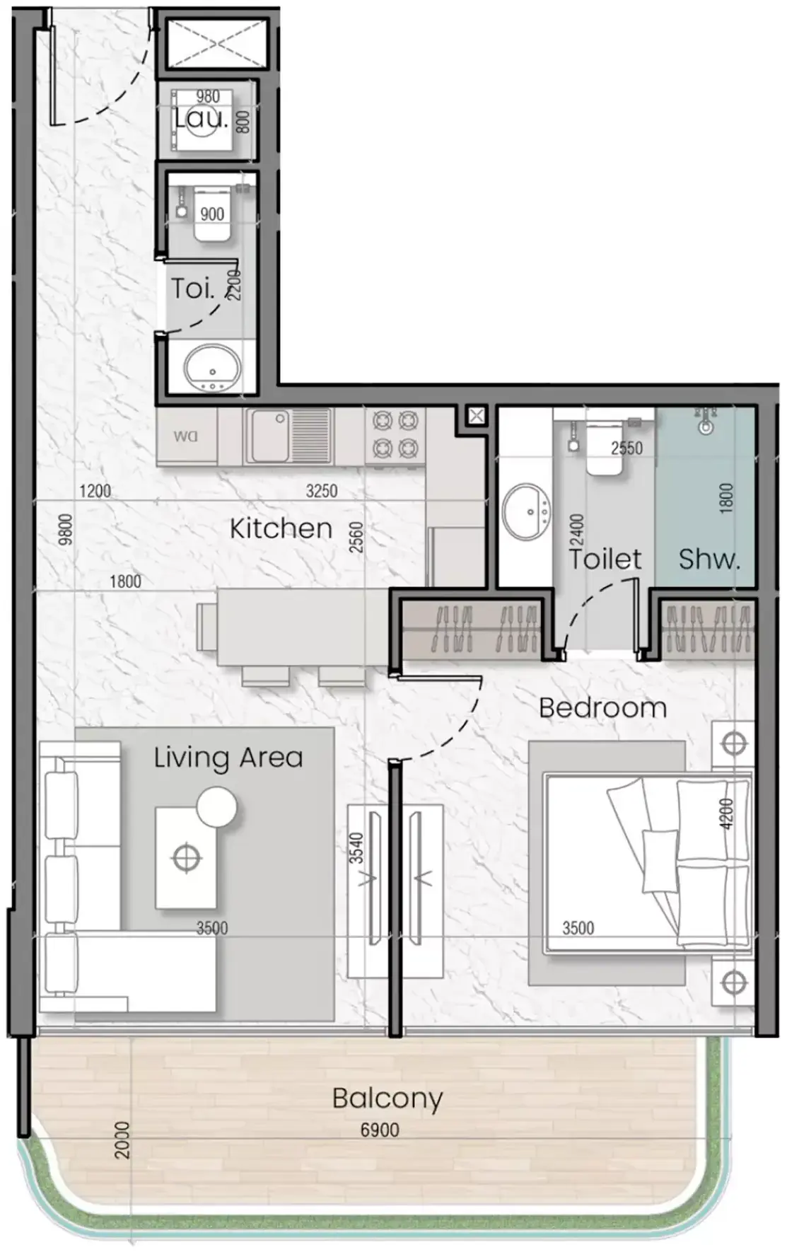 Планировка — 1-спальная, 68 м²