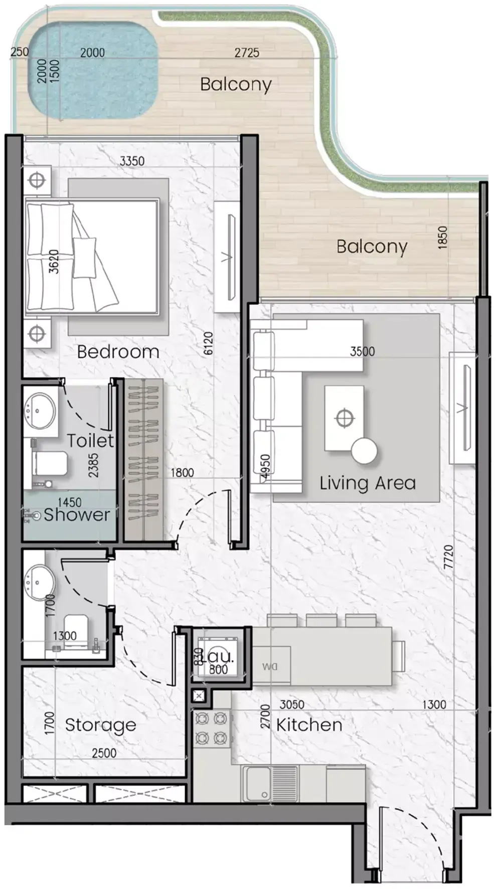 Планировка — 1-спальная, 82 м²