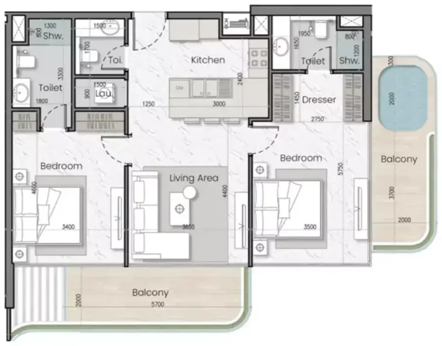 Планировка — 2-спальная, 104 м²