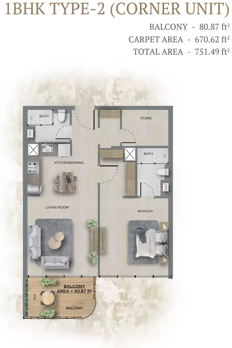 Планировка — 1-спальная, 70 м²