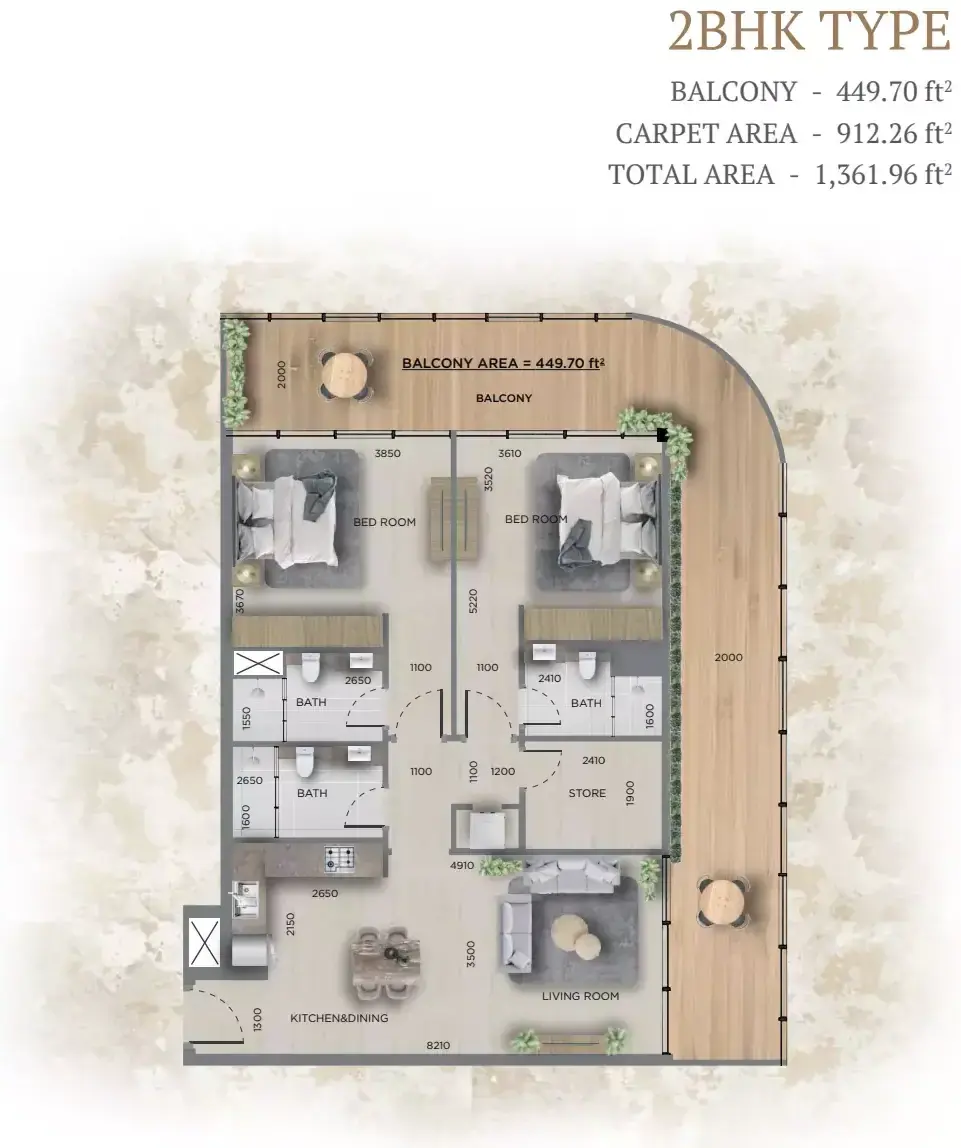 Планировка — 2-спальная, 126 м²