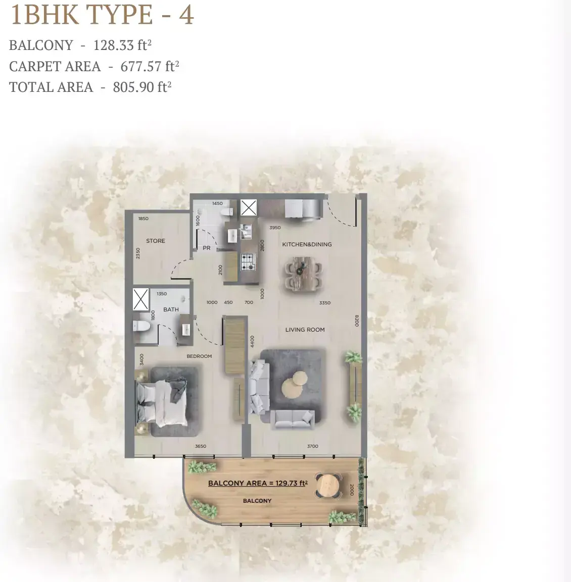 Планировка — 1-спальная, 75 м²