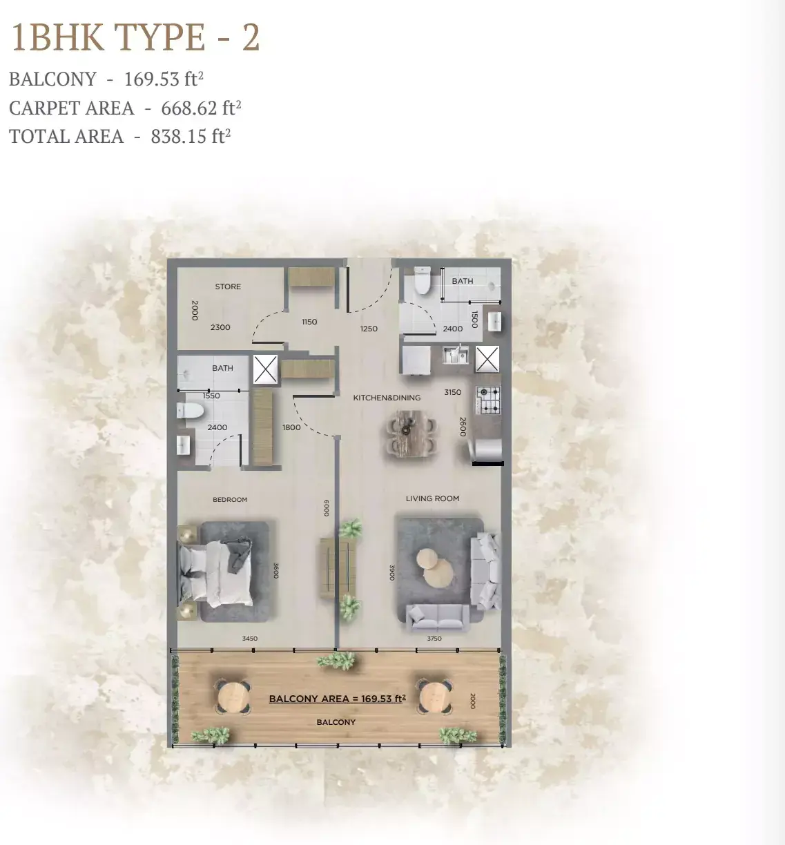 Планировка — 1-спальная, 78 м²