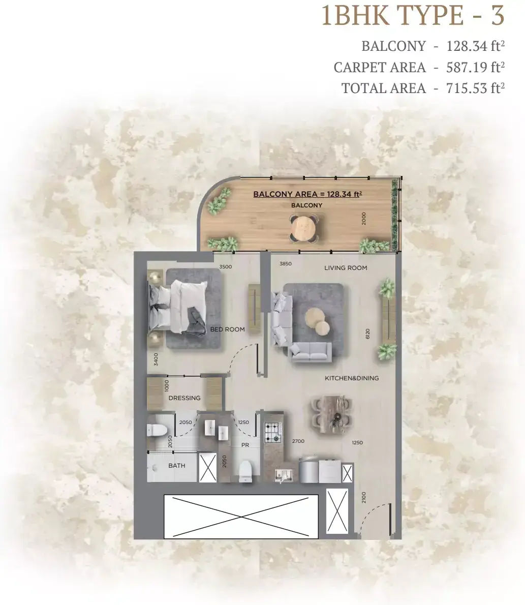 Планировка — 1-спальная, 66 м²