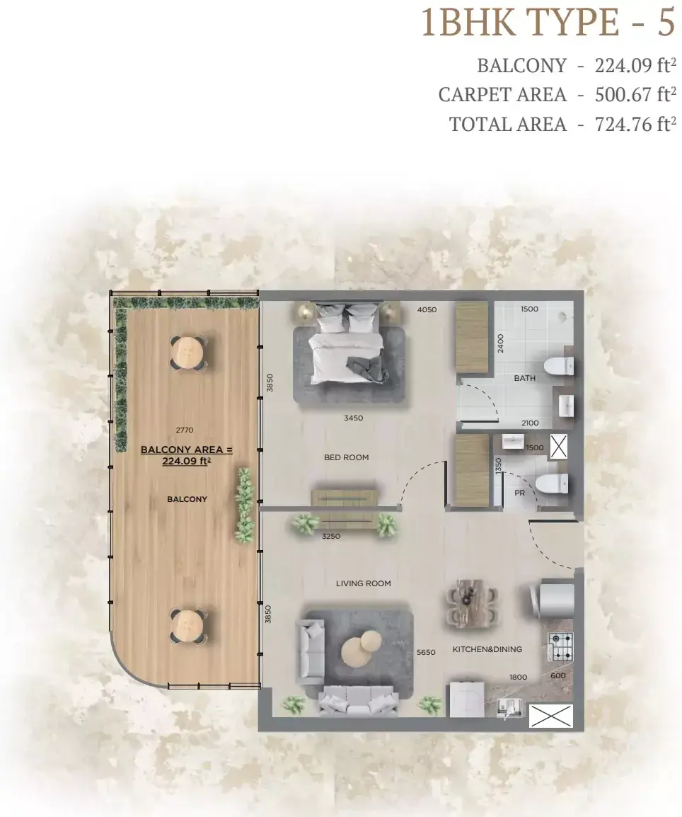 Планировка — 1-спальная, 67 м²