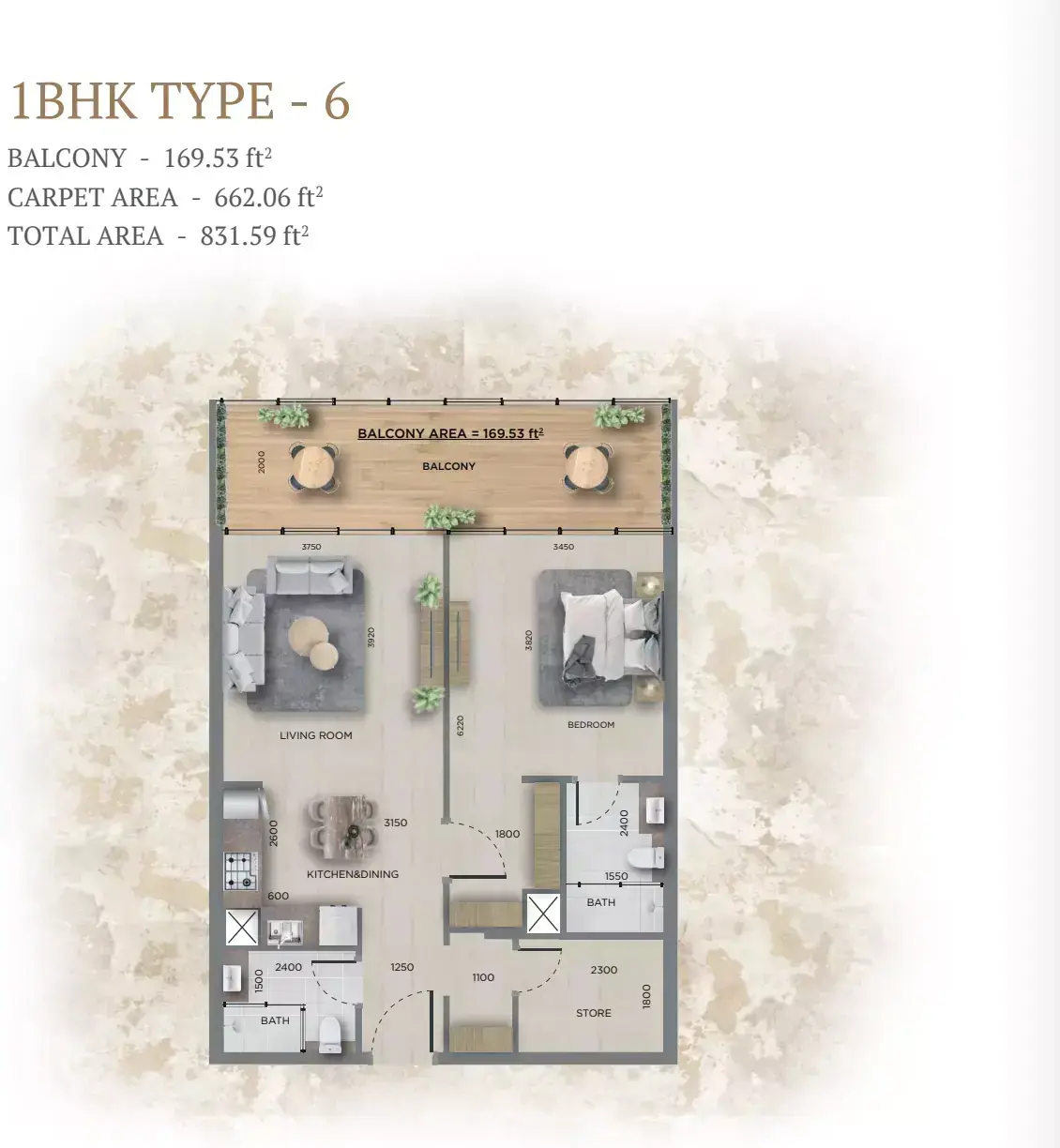 Планировка — 1-спальная, 77 м²