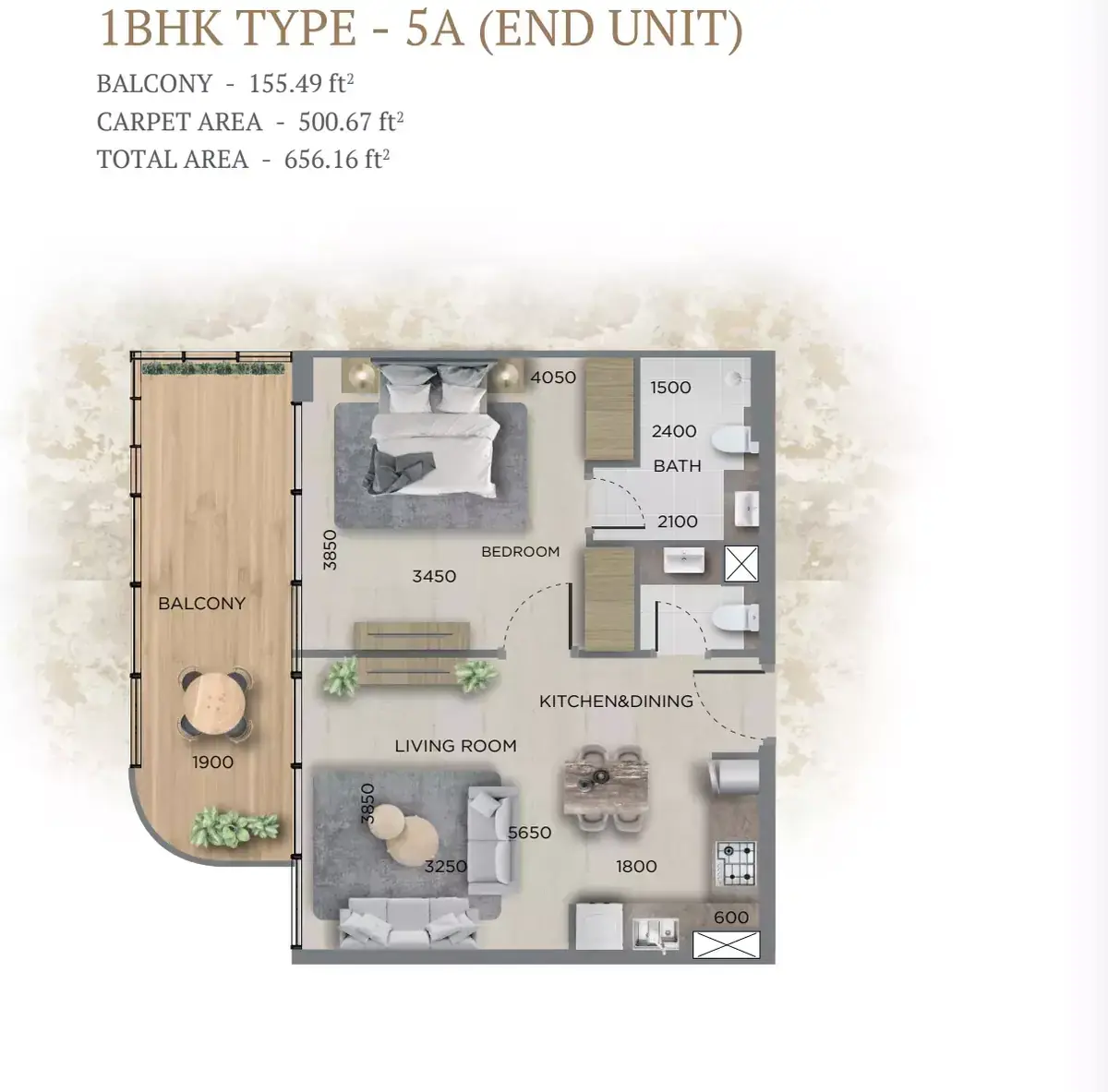 Планировка — 1-спальная, 61 м²