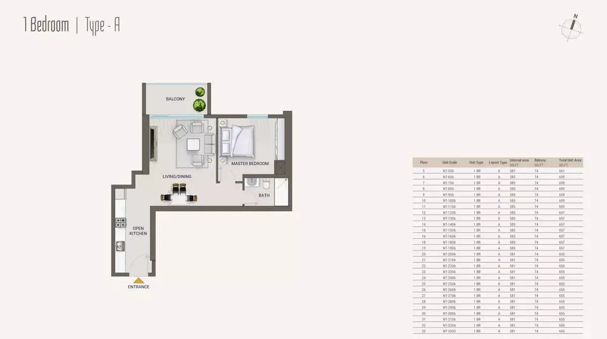 Планировка — 1-спальная, 61 м²