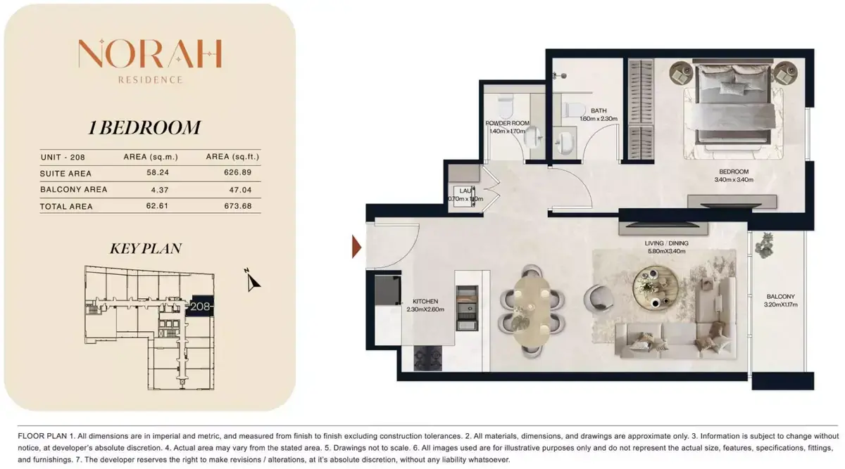 Планировка — 1-спальная, 63 м²