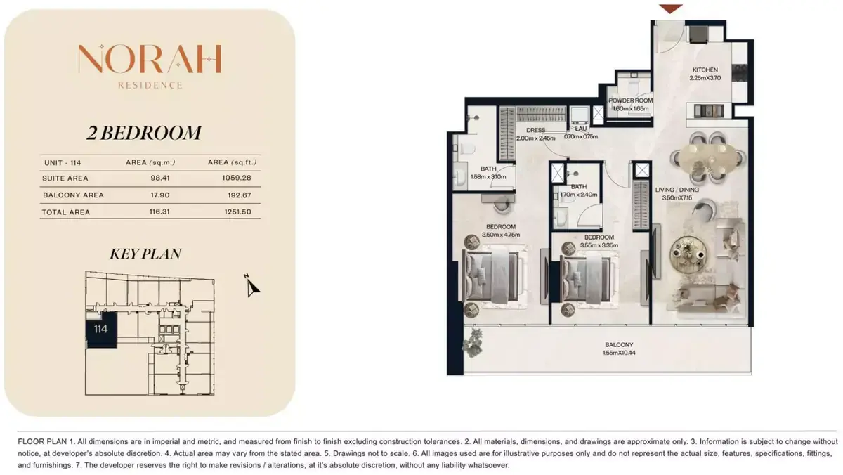 Планировка — 2-спальная, 116 м²