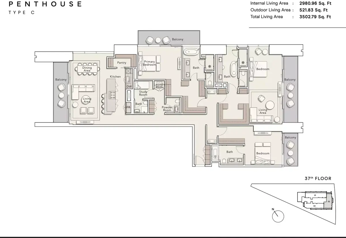 Планировка — 3-спальная, 325 м²