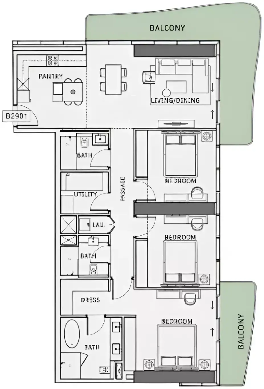 Планировка — 3-спальная, 151 м²