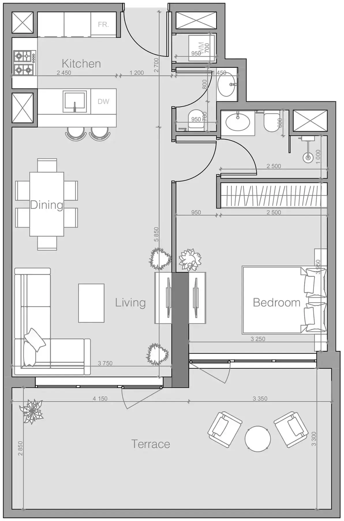 Планировка — 1-спальная, 83 м²